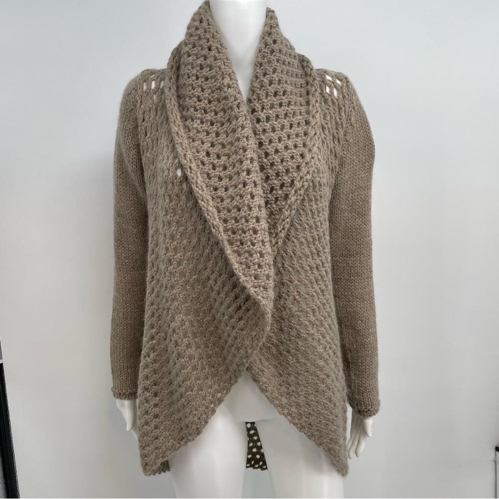 Elsamanda Shawl Drape Open Cardigan Sweater Taupe Tan Sz M Mohair/Wool Blend